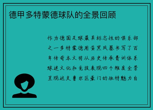 德甲多特蒙德球队的全景回顾