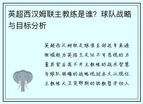 英超西汉姆联主教练是谁？球队战略与目标分析