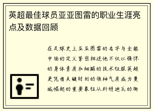 英超最佳球员亚亚图雷的职业生涯亮点及数据回顾